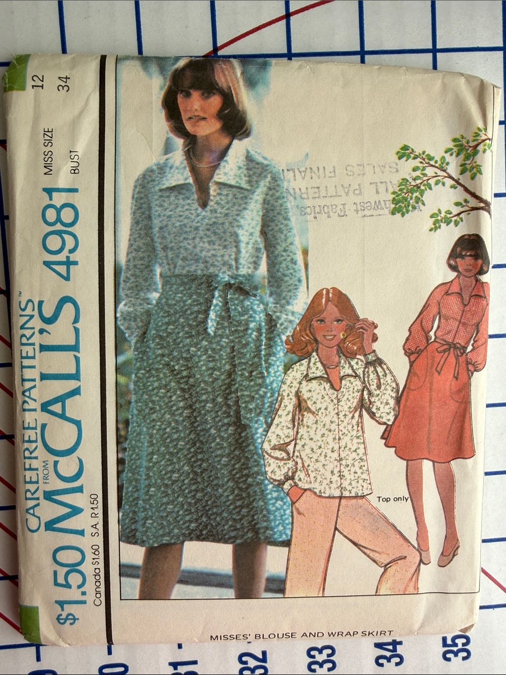 Vintage 1976 McCall’s 4981 Blouse Wrap Skirt Pattern Size 12 Bust 34 UNCUT